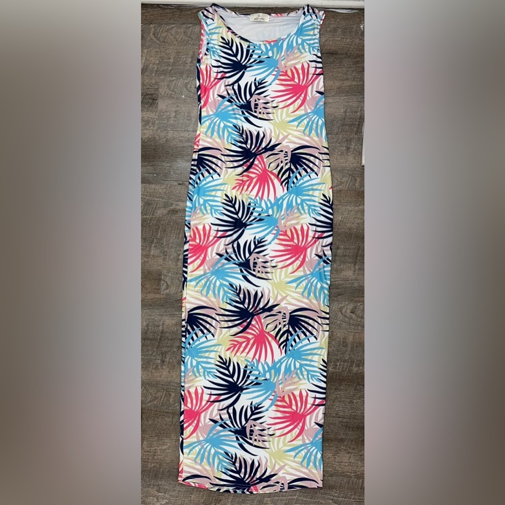 Women’s Sleeveless Floral Palm Printed Bodycon Stretchy Maxi Dress- Size Medium - Picture 3 of 6